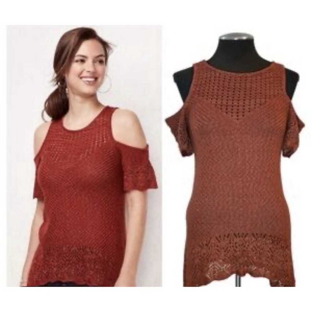 LC Lauren Conrad rust-colored sweater Knit Eyelet Crochet Sz L